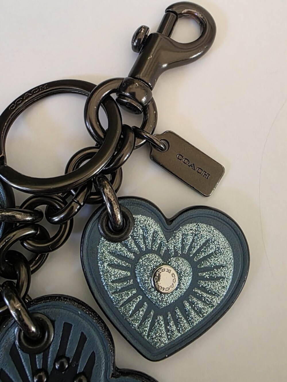 Coach Heart Motif Leather Bag Charm Key Fob Blue Studded Glitter Hard To Find - Picture 6 of 14